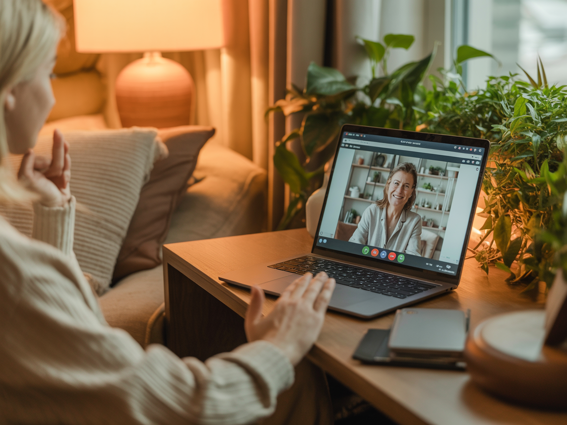 Przytulne biuro domowe z laptopem przygotowane na sesję online