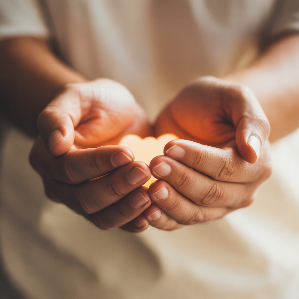 Dłonie trzymające światło symbolizujące wsparcie i troskę